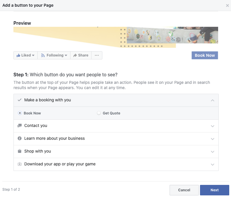 Screenshot of how to add a Book Now button to your facebook Page