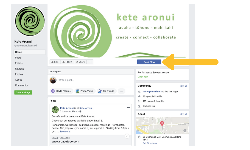 kete aronui use the Book Now button on their Facebook page to streamline their bookings